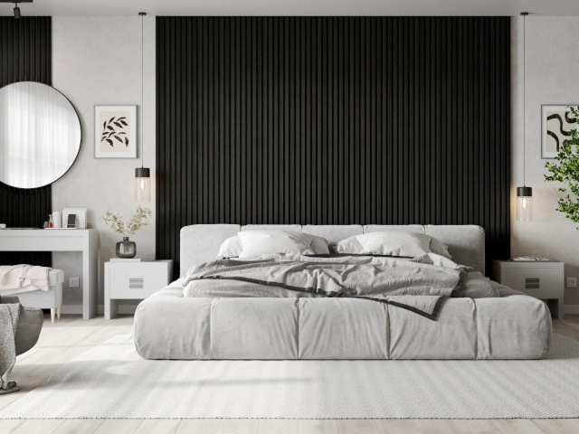 Spalnica z lamelami na stenah