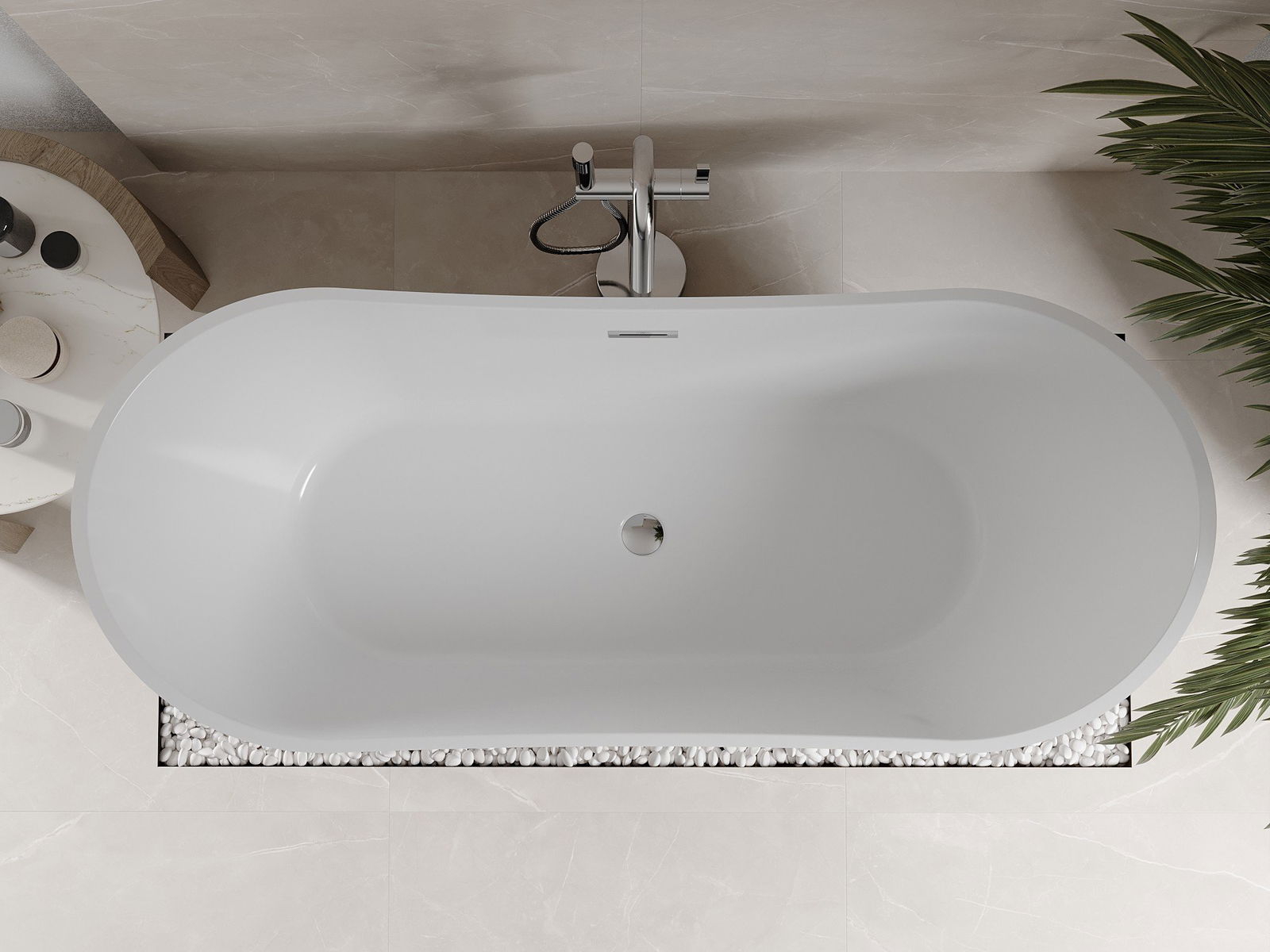 Bež ploščice v kopalnici z Mexenovo kadjo