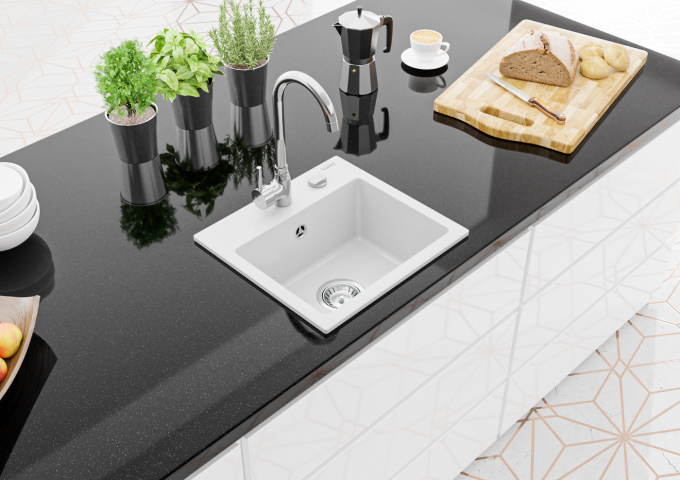 Granitna kuhinjska korita z armaturo in izvlečno pipo