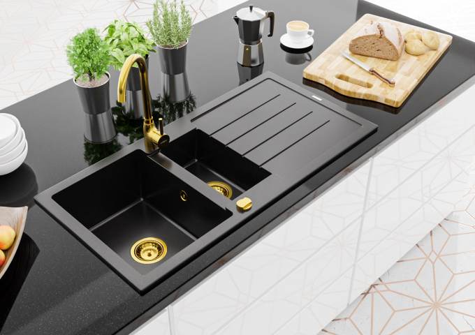 Granitna kuhinjska korita z armaturo in izvlečno pipo