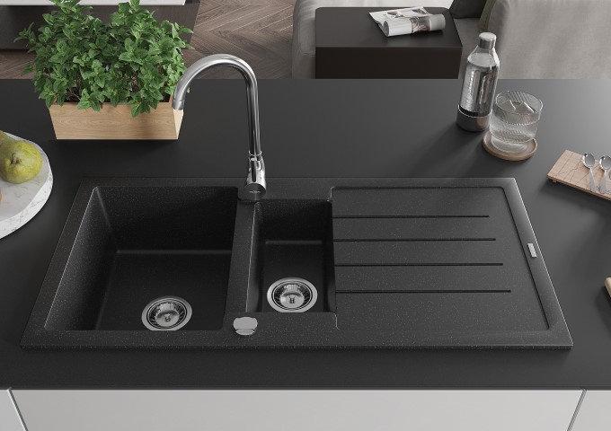 Granitna pomivalna korita s črno piko baterijo