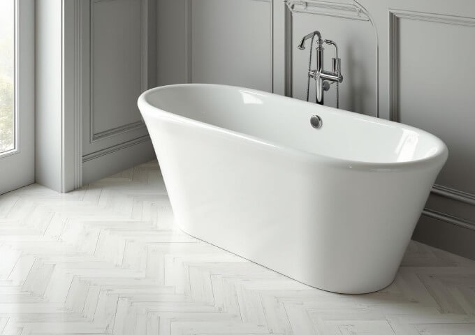 Sivi vinilni paneli v herringbone v kopalnici