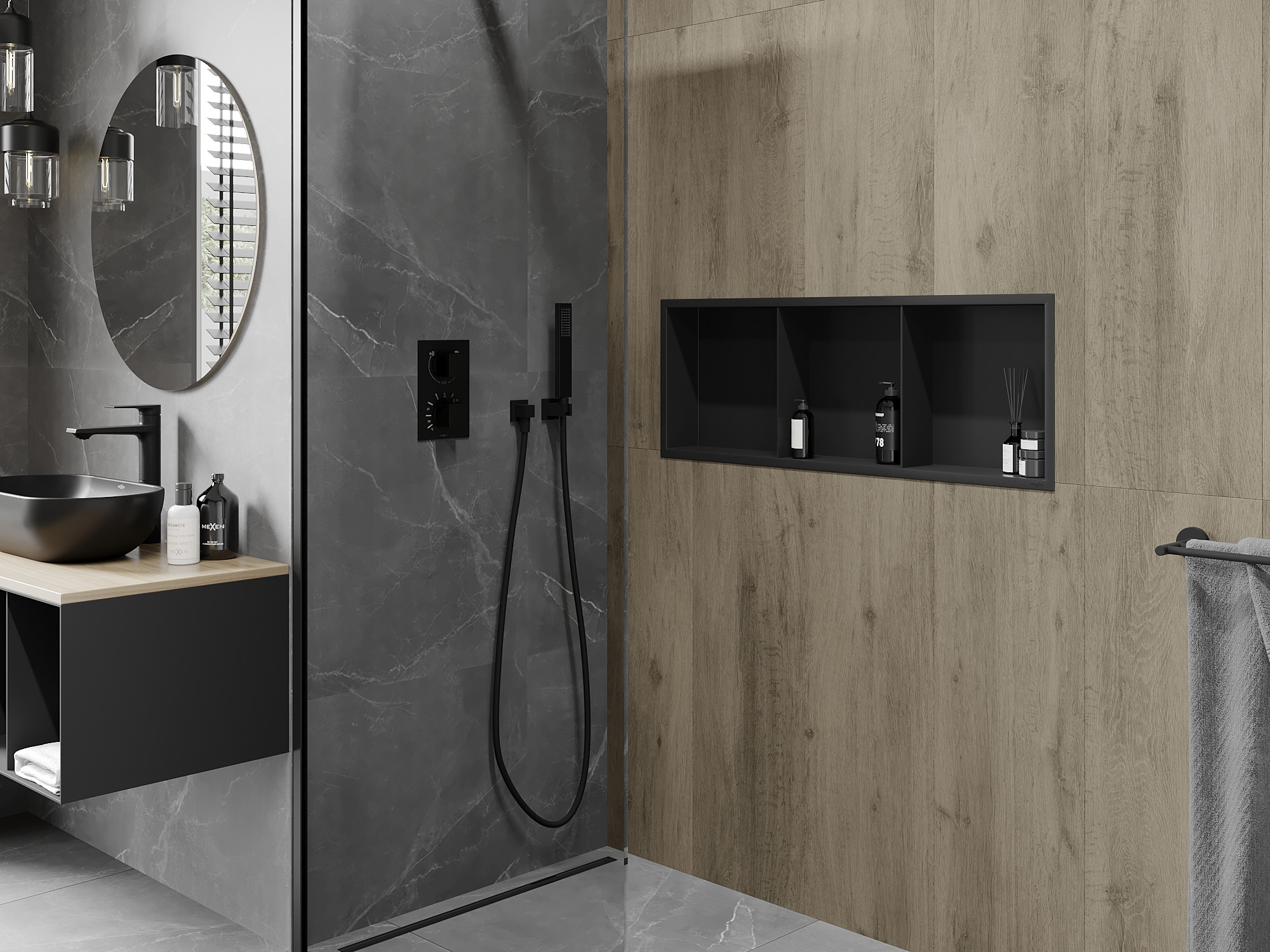 Industrijska kopalnica z vgrajeno polico pod prho