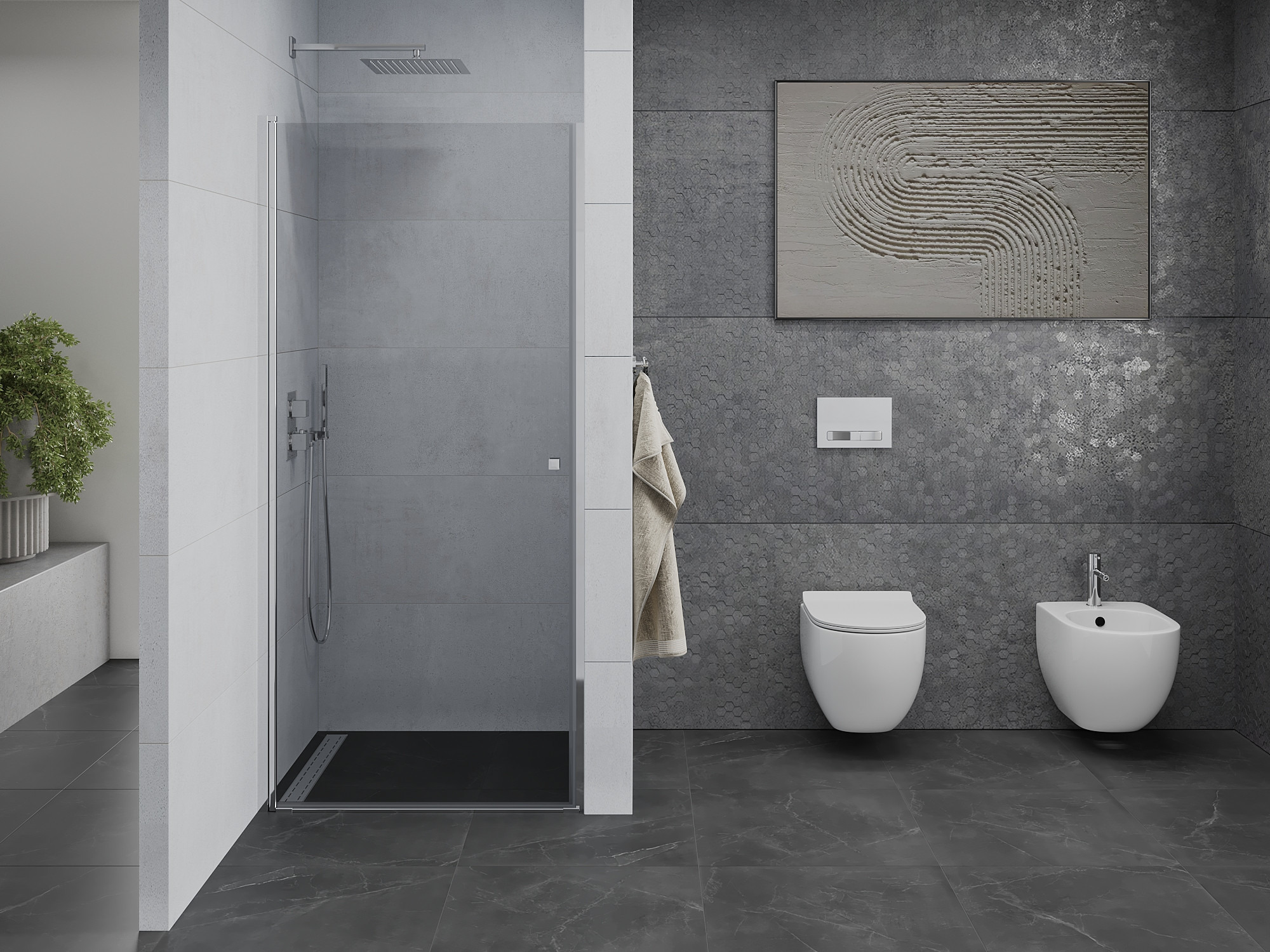 Prostorna kopalnica z tuš vrati