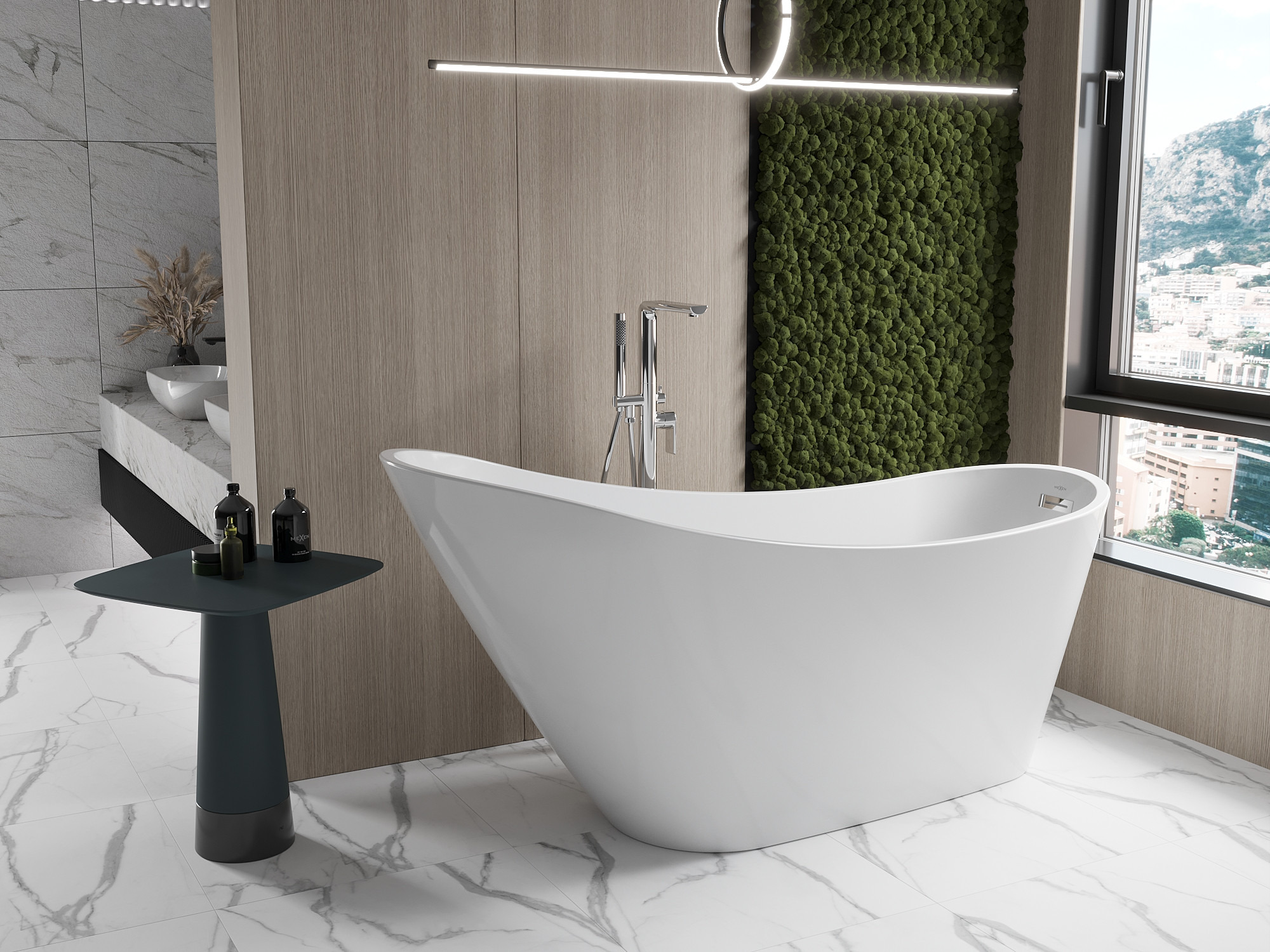 Udobna kopalnica v zemeljskih barvah - stena iz maha