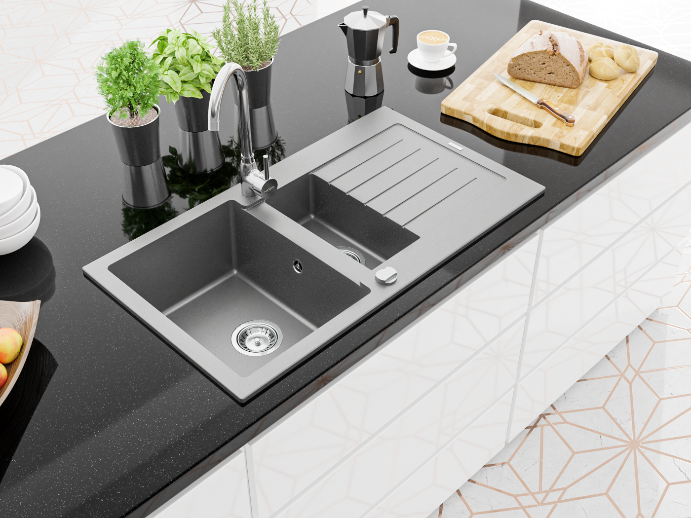 Bela, črna, siva v sodobni kuhinji