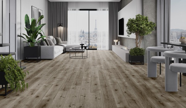 Moderna dnevna soba s podom, ki posnema les